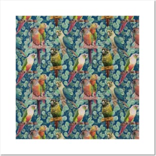 Conures in Eucalyptus Leaves in Navy Blue Posters and Art